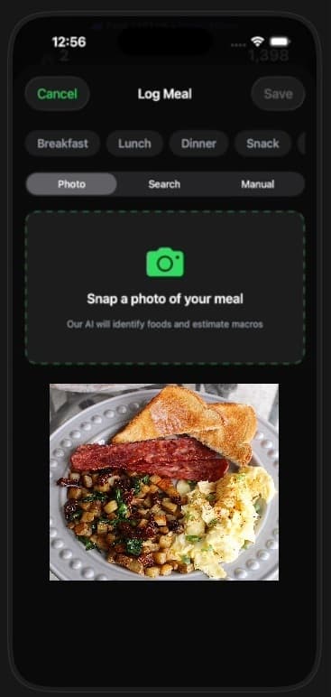 Log Meal screen with photo capture of breakfast plate