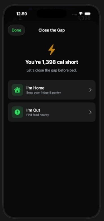 Close the Gap screen showing calorie deficit with I'm Home and I'm Out options
