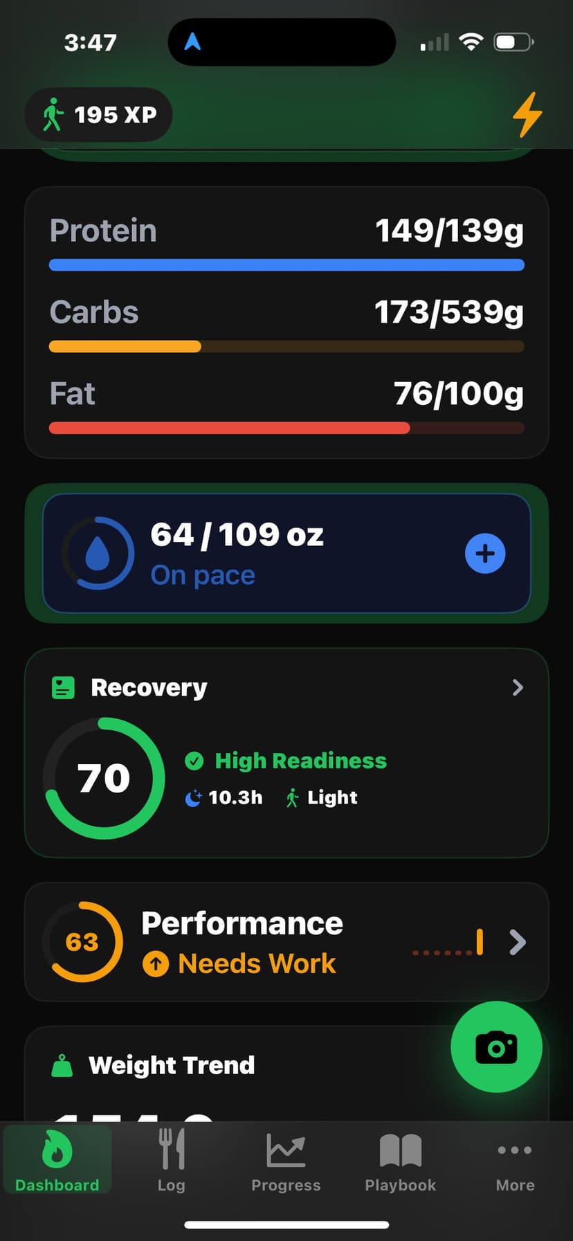 GainsCoach dashboard showing daily calorie and macro targets with Log Meal and Close the Gap actions